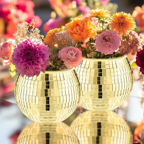 Image of Mirrored Disco Ball Planter,2 Pcs Disco Ball Vase,4.4 x 6 in(Gold)