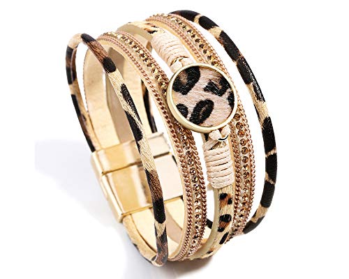 Fesciory Leopard Bracelet for Women Wrap Multi-Layer Leather Bracelet Magnetic Clasp Cuff Bangle Jewelry (Khaki Leopard)