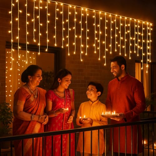 Image of MIRADH Icicle Diwali Lights Outdoor, 10ft 96 LED with 16 Drops Icicle Lights, Plug in Lights with 8 Modes Waterproof for Decoartion Light for Diwali, Christmas, Birthday, Ganesh Puja (Warm White)
