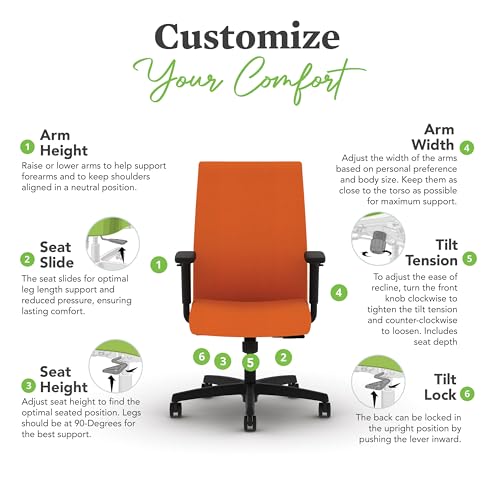Image of HON Ignition 2.0 Ergonomic Office Chair with Adjustable Arms, Standard Synchro‑Tilt Recline, Upholstered Desk and Computer Chair for Home Office or Workstation, Black Frame, Apricot
