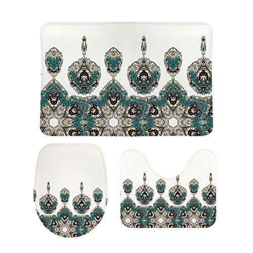 Toilet Teppich 3 Stück Set Schöner Ethnischer Retro-Barock Badematten Flanell Druck Wc Teppich Saugfähig U-Förmige Pad…