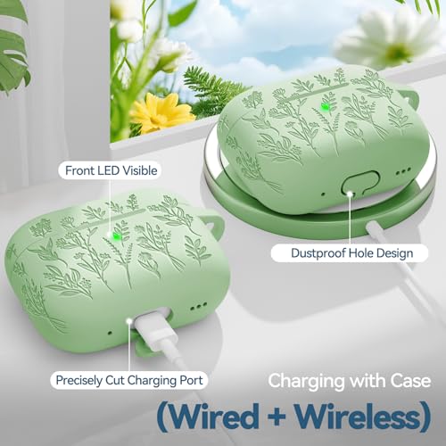 Image of Flower Engraved Case for Apple AirPods Pro 2 Gen with Clean Kit,Soft Silicone Protective Case Cover for AirPod Pro 2nd /1st Generation Keychain,Lanyard,3 Pair Ear Tips,Front LED Visible,Pistachio Green