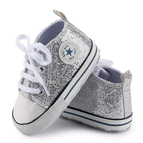 Baby Boys Girls Star High Top Sneaker Soft Anti-Slip Sole Newborn Infant First Walkers Canvas Denim Shoes (12Cm, B-Silver, 6_Months) #TOP2