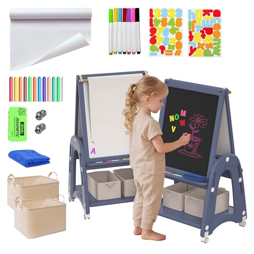 Hominewti 3 in 1 Lavagna per Bambini, Cavalletto per Bambini con Rotolo di Carta, Lavagna Doppia Lato Bianco e Nero, Altezza Regolabile, Cavalletto Mobile, per Ragazzi e Ragazze, Blu