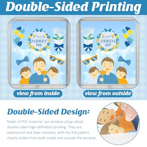 Image of 77 PCS Fathers Day Window Clings, 9 Sheets Blue Fathers Day Decorations, Double-Sided Dad Stickers for Glass Windows with Hearts Roses Patterns, Dad Decorations for Home Store Birthday Party