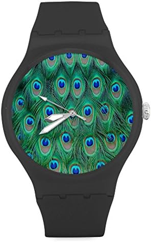 Durable Peacock Feather Pattern Unisex Round Rubber Sport Quartz Watch,Watch Face Diameter: 1.58"