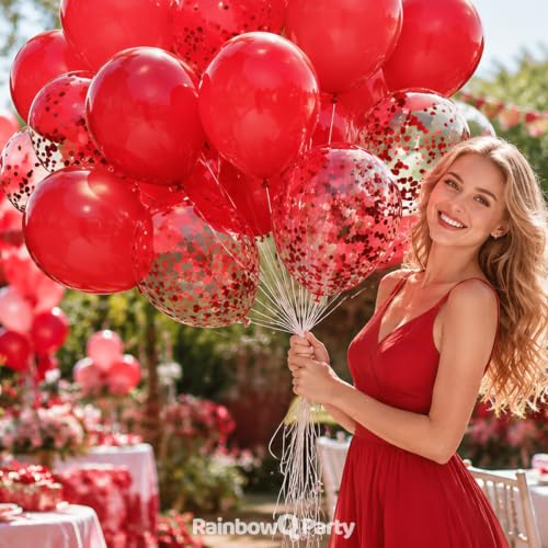 Image of Red Latex Balloons: 55Pcs 12 inch Red Confetti Party Balloons Mat Helium Latex Balloon Ribbons for Birthday Anniversary Valentine's Day Wedding Decoration