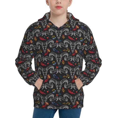 Ram Skull with Flowers Kid Hoodies Boys Sweatshirts Girls Pullover with Pocket