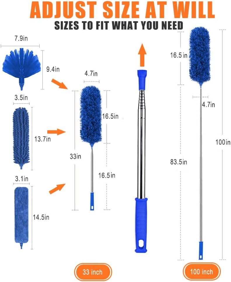 Image of 3 in 1 Microfiber Feather Duster Bendable & Extendable Pole 30-100 Inch Extra Long Extension Pole for Cleaning High Cobweb Stick High Ceiling Fan - Stainless Steel,Blue