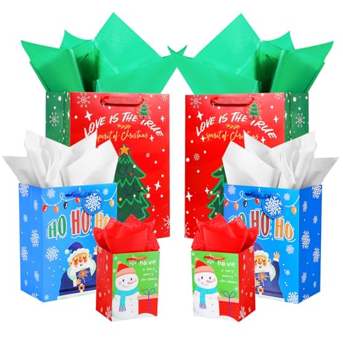 6 PCS Christmas Gift Bags, Christmas Tote Bags with Handles, Assorted Sizes Multifunctional Non-Woven Treat Bags for Gifts Wrapping Shopping, Xmas Party Supplies (2 Large 13