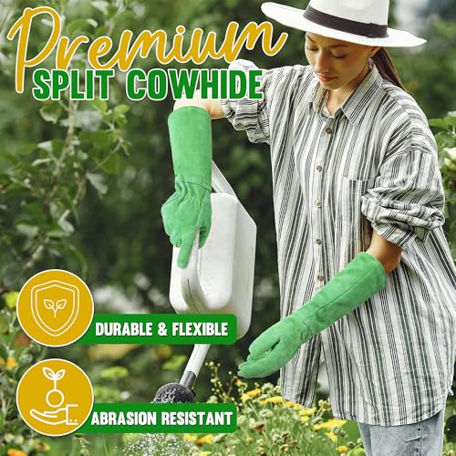 Image of HANDLANDY Leather Gardening Gloves, Thorn Proof Long Gauntlet Heavy Duty Garden Gloves, Elbow Length Rose Pruning Weeding Yard Glove (Medium, Green) | Long Leather Gardening Gloves, Breathable Leather Gauntlet, Best Garden Gifts & Tools for Gardener (Green, M)