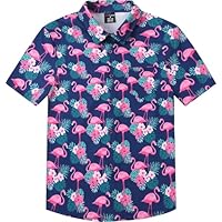MOMBEBE COSLAND Boys Hawaiian Shirt Kids Flamingo Button Down Short Sleeve Custom, Blue, XS, 5-6 Years