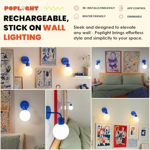 Image of Poplight Wireless Wall Sconce (Shark Tank) Rechargeable & Dimmable LED Light w /App Control & Damage-Free Install, Moveable Modern Ambient Lighting for Elegant Home & Bedroom Decor | Blue