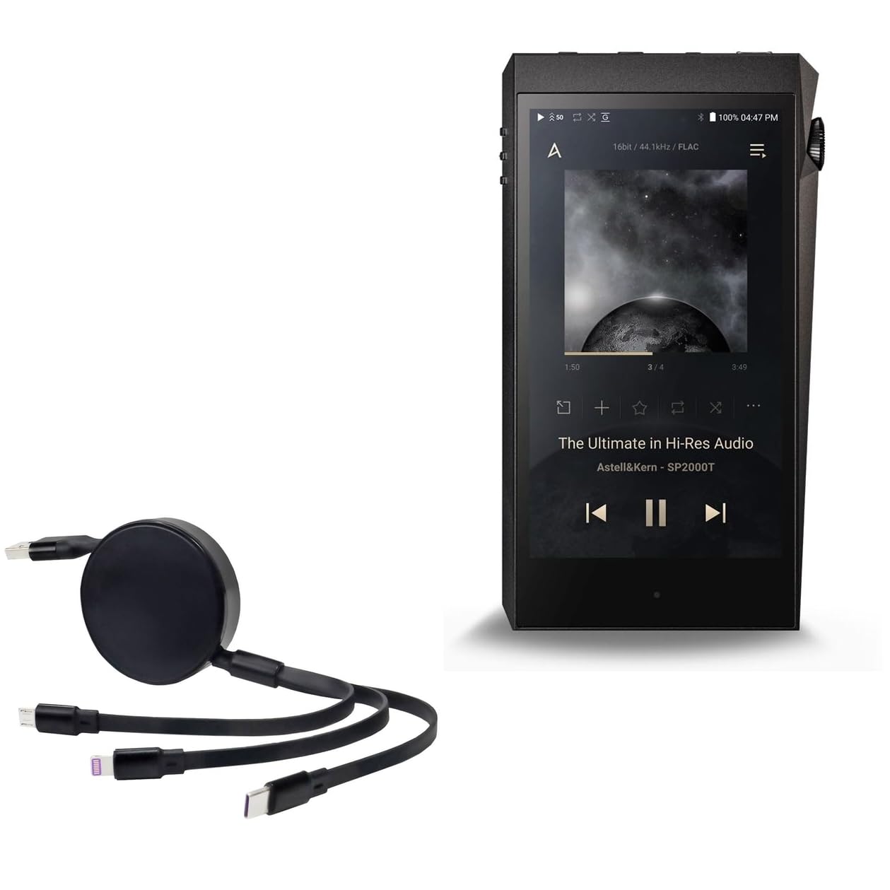 BoxWave Cable Compatible with Astell & Kern A&Ultima SP2000T - AllCharge PD miniSync (100W), Retractable High-Speed Charging Portable USB Cable - Jet Black