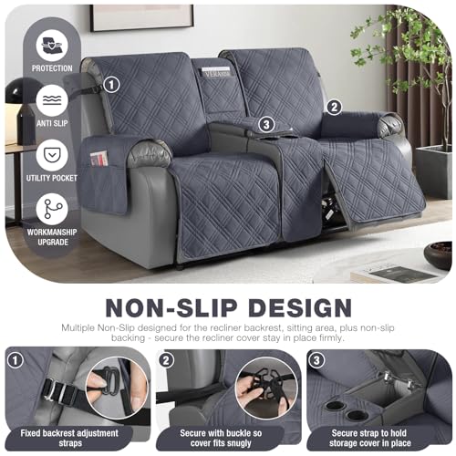 Image of TAOCOCO Loveseat Recliner Cover with Console, Non-Slip Split Reclining Pet Cover for Dual Loveseat Recliner, Furniture Protector with Elastic Straps (2 Seater, Dark Grey)