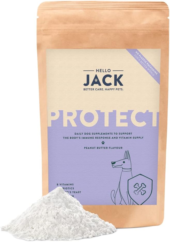 Hello Jack Protect Suplemento Diario para Perros - Golosinas Masticables para Cachorros para el Apoyo Inmunológico, la Vitalidad y la Salud en General - Sabor a Mantequilla de Cacahuete
