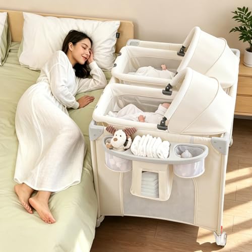Jestonten Twin Bassinet for Baby 3-in-1 Bedside Bassinet for 2 Babies Convertible to Bedside Sleeper and Playpen Includes 2 Removable Rocking Portable Baby Bassinets and Storage Bags Beige
