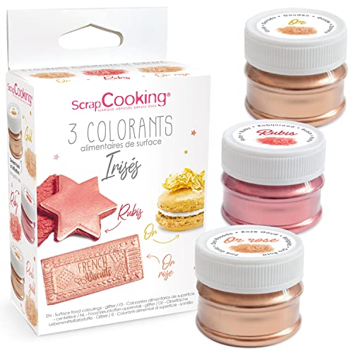 ScrapCooking - 3 Colorants de Surface Irisés - Colorants Alimentaires Poudre Or, Or Rose & Rubis - Pour Pâtisseries, Biscuits, Macarons, Chocolats & Pâte à Sucre - 4019