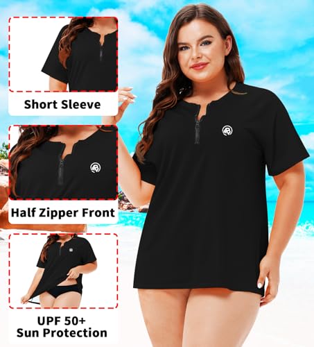 Image of AOBUTE Women Plus Size Rash Guard Zipper Short Sleeve SPF Swim Shirts