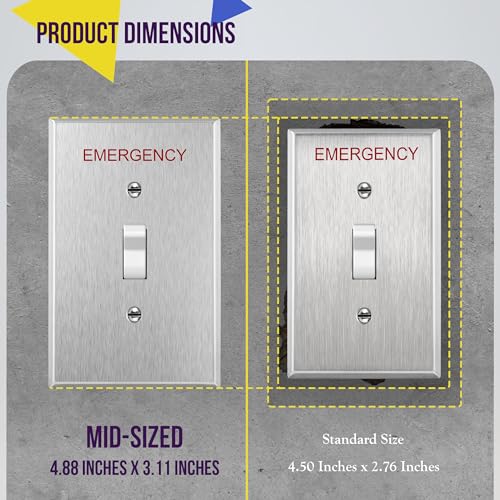 Image of ENERLITES Toggle Light Switch Metal Cover Plate with Emergency Label, Stainless Steel Wall Plate, Corrosion Resistant, Mid-Size 1-Gang 4.88 inch x 2.11 inch, 430 Stainless Steel, 7711M-E, Silver | Emergency label for safety; Mid-size 4.88 inch x 2.11 inch; Rust-proof stainless; Ideal for commercial use; 7711M-E