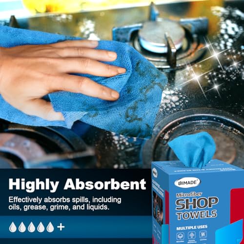 Image of UNIMADE Shop Rags, 4 Boxes - 400 Sheets Microfiber Cleaning Cloth | Commercial Grade Washcloths Lint-Free Bulk Shops Towels for Cars Mechanic Restaurant Garage Housekeeping, 11 inchx 9 inch, Blue