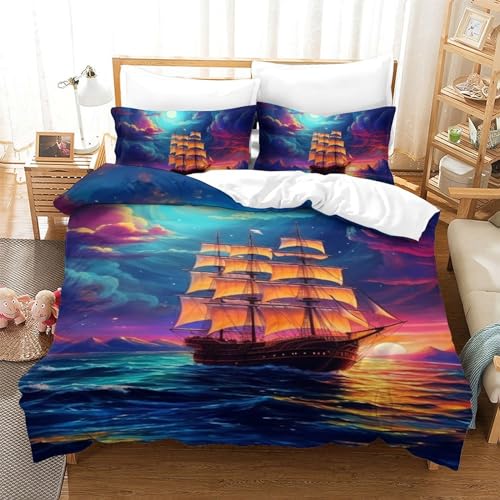 Housse de couette 3D bateaux à voile 140x200 cm avec 2 taies d'oreiller en microfibre