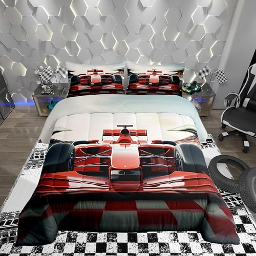 Manfei Cool Racing Car Boys Girls Comforter Set Full Size,3D Red Formula Car Duvet Set Teens Bedroom Decor,Racing Speed Sport Microfiber Soft Bedding