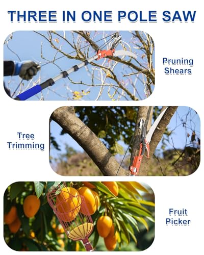 Image of 27FT Reach Pole Saw, Telescoping Tree Trimmer with 5-21FT Extension Pole, Sharp Steel Blade and Scissors, Fruit Picker, Extendable Long Handle Tree Pruner for Yard Garden Trees Palms Shrubs