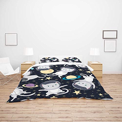 Housse de couette 3 pièces chat astronaute espace en microfibre 5