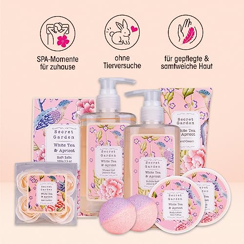 Accentra – Duschset Frauen Geschenkset im Holzkorb – 8-teiliges Pflegeset mit Duschgel, Bodylotion, Badezusätzen, Peeling & Handcreme – Wellness Geschenk Set zum Geburtstag, Valentinstag & Muttertag
