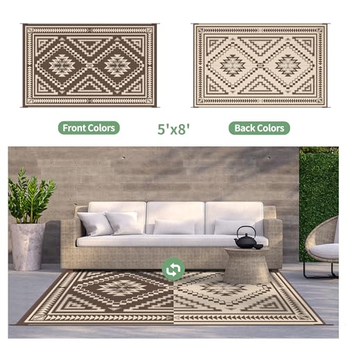 Image of GENIMO Outdoor Rug, Waterproof Plastic Rugs for Patio, 5'x8' Light Beige