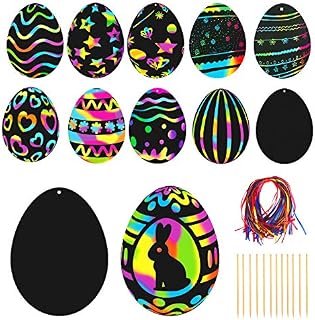 PATAZOK 48pcs Egg Scratch Paper Rainbow Magic Scratch Art Notes Paper Easter Scratch Art with 12pcs Wooden Styluses and 48pcs Color Ribbons for Kids Party Gift Bag Fillers DIY Crafts Supplies