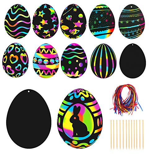 PATAZOK Ostern Kratzbild Kinder, 48 Stk. Ostern Regenbogen Kratzpapier Ostereier Kaninchen, Bastelset Kratzbilder Set zum Basteln und Aufhängen für Ostern Party Mitgebsel Geburtstag Cover