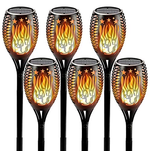 Worth Garden solar Antorcha solar Efecto de llama 96LEDs IP65 Impermeable Encendido/apagado automático Lámpara de jardín Lámpara solar Antorchas de jardín (6 piezas, negro)