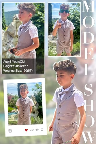 Image of LOLANTA Boys 4PCs Summer Suits, Short Suit Set for Wedding Ring Bearer Outfits Dress Clothes Vest Shirt Shorts Bow Tie