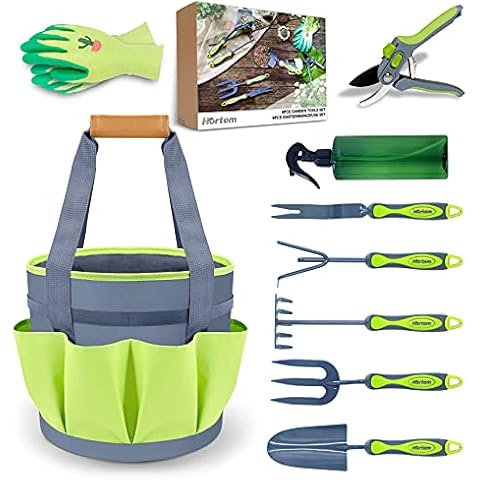 Hortem Gardening Tools Set, 9PCS Garden Tools Gifts for Women Men, Include Durable Steel Trowel Set, Large Garden Tote Bag, Garden Gloves and Hand Pruner Cover