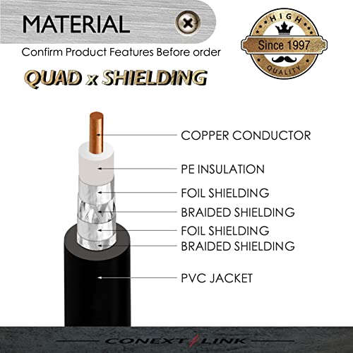 Conext Link RG6 Quad Shield Coaxial Cable F Connector 18 AWG 3GHZ 75 Ohm Sat TV (12FT, Black) (33004)