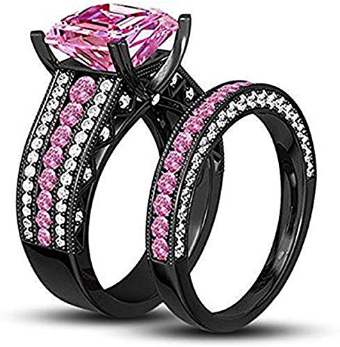 Cast & Crafts 2.50 Ct Princess Cut Pink Sapphire Black Rhodium Plated Engagement Ring Wedding Band Bridal Set (7.5)