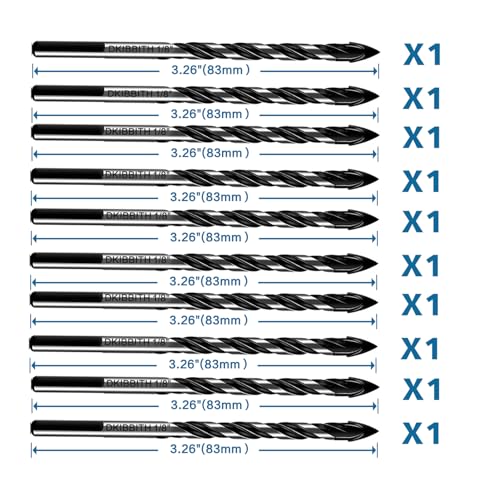 10-Piece 1/8" Masonry Drill Bits for Tile Glass Ceramic Wall Brick Stone Soft-Metal Wood, 1/4 Inch Concrete Drill Bits Cement Drill Bit Set, 3-Flat Shank, YG8 Carbide Tungsten Steel Alloy Tip 3mm