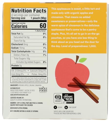 Image of 365 by Whole Foods Market, Organic Cinnamon Applesauce Pouches, Unsweetened, 3.2 Ounce (Pack of 4)