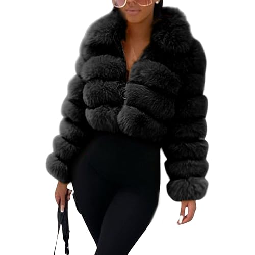 loveimgs Women Fluffy Faux Fur Coat Cropped Jacket Puffer Jacket Zip Up Winter Warm Fuzzy Teddy Jacket