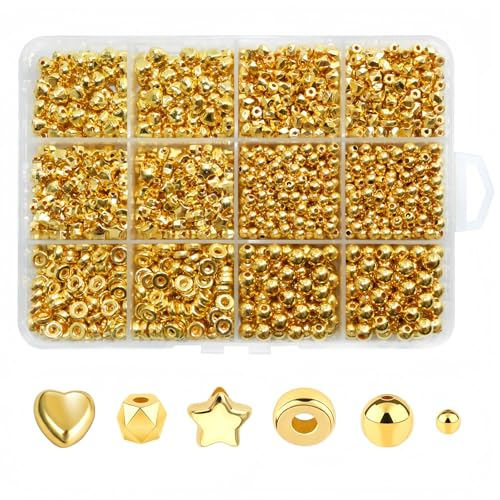 Looconi 1500pcs Gold Spacer Beads Set Assorted Round Star Gold Beads for Bracelet Jewelry Making