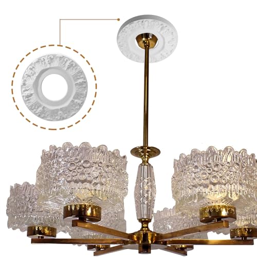Image of Uenhoy 2 Pcs Lighting Ceiling Medallions for Light Fixtures and Ceiling Fans, 10 inch OD White Carved Flower Ceiling Cover Plate, PU Ceiling Fan Medallion 10 inch OD x 4 inch ID