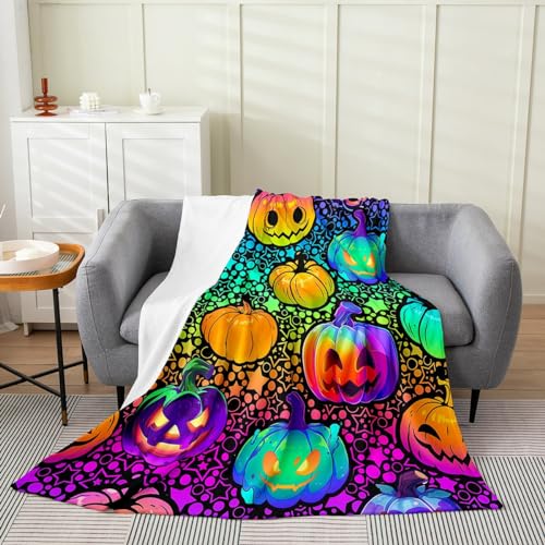 Erosebridal Halloween Fleece Blanket 40x50 inch,Gothic Pumpkin Throw Blanket for Teens Youth,Colorful Farmhouse Flannel Blanket,Happy Halloween Bed Blanket Living Room Decor