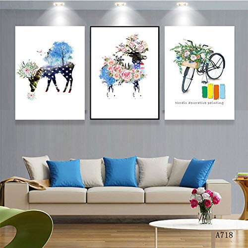 XIANRENGE Leinwanddrucke 3 Stück,Abstrakte Blume Rotwild Bike Poster Nordic Moderne Leinwand Wand Kunst Bild Pop Cover Für Wohnzimmer Schlafzimmer Haus Wand Dekor,30X40Cm Ungerahmt
