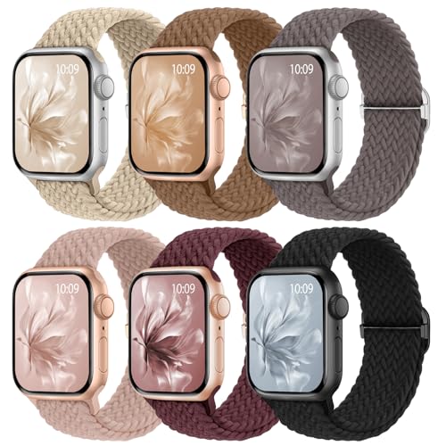 Image of 6 Pack Braided Stretchy Bands Compatible with Apple Watch Band 38mm 40mm 41mm 42mm 44mm 45mm 46mm 49mm Women Men, Adjustable Nylon Solo Loop Elastic Straps for iWatch Series 11 10 9 8 7 6 5 4 SE Ultra