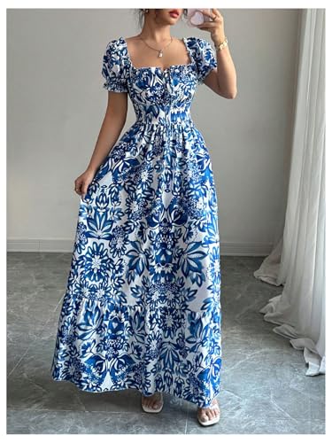Image of Floerns Women's Floral Short Puff Sleeve Milkmaid Dress Boho A Line Long Dresses