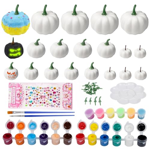 Fangoo 20 Pcs DIY Paintable Pumpkins with Pigments Brushes Color Palette Sticker Decoration for Halloween Decorations Indoor Table Decorations Photography Props Harvest Festival Parties