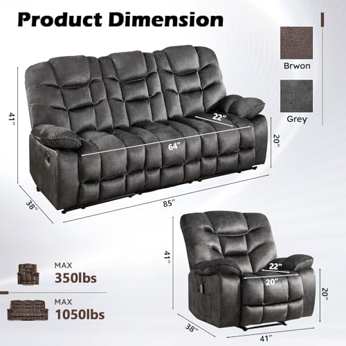 Image of HAOMARKETS 2-Piece Recliner Sofa Couch Set, Include Single Power Electric Recliner Chair with Massage& Heat and 3 Seat Manual Reclining Sofa for Living Room Bedroom, Grey