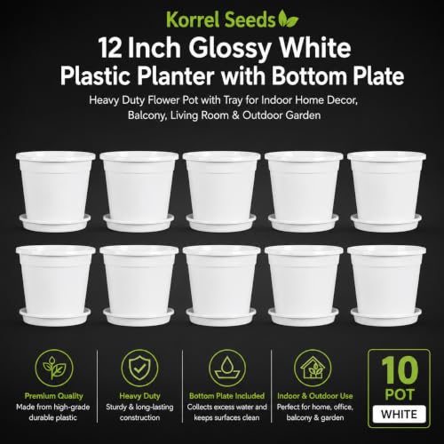 Image of 12 Inch Glossy White Plastic Planter with Bottom Plate | Heavy Duty Flower Pot with Tray for Indoor Home Decor, Balcony, Living Room & Outdoor Garden (10 Pot, White)